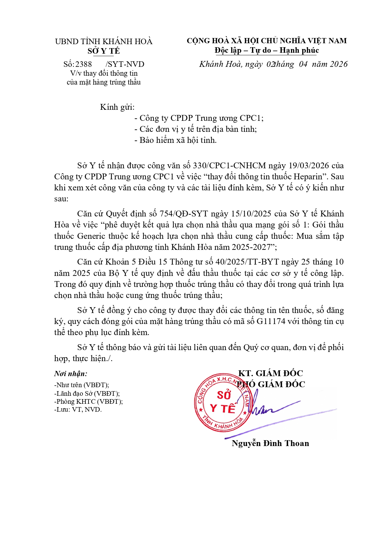 V/v thay đổi thông tin của mặt hàng trúng thầu